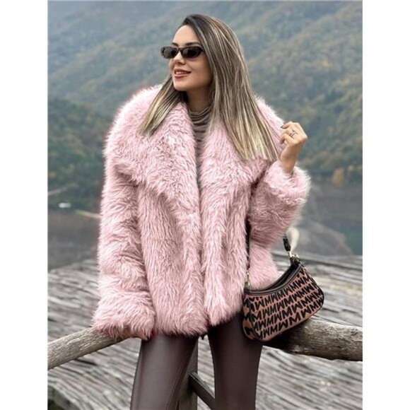 Jackets & Blazers - Womens Faux Fur Coat Cropped Fluffy Pink